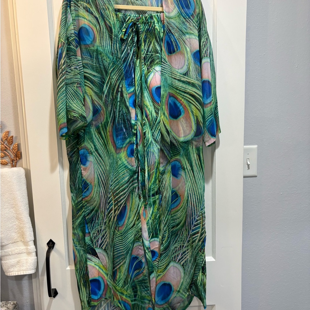 Peacock Feather Print Kimono and Pant Set